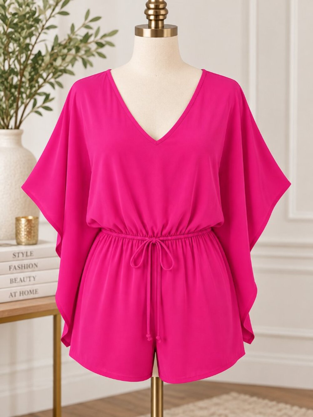 Hot Pink Fuchsia V Neck Angel Wing Sleeve Romper Drawstring Waist Size S Tyche
